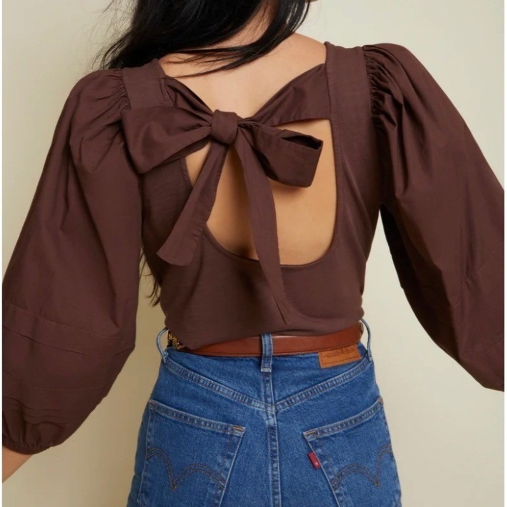Nation LTD Gracie Pintuck Top Tee Womens Small Pinot Noir Brown Cotton Tie Back